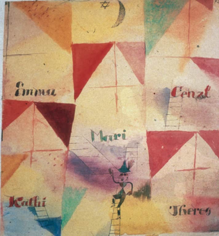 Farbige Dreiecke mit Namen und einem kleinen Männchen auf der Leiter – Paul Klee Don Giovanni Kunstkopie