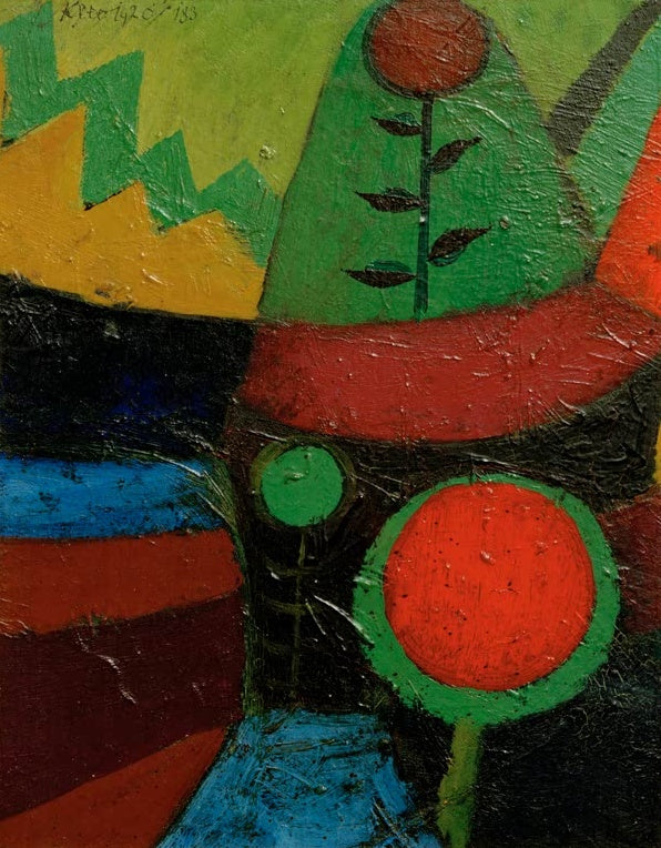 Rote Blume und grüne Blüten vor farbigen Streifen und Zickzackkante – Paul Klee Drei Blumen Kunstkopie