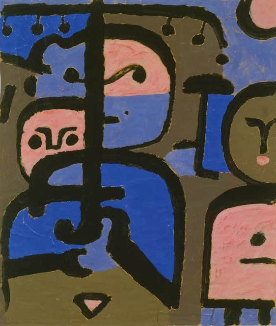 Drei stilisierte Gesichter in Rosa, Blau und Oliv mit dicken schwarzen Konturen – Paul Klee drei junge Exoten Kunstkopie