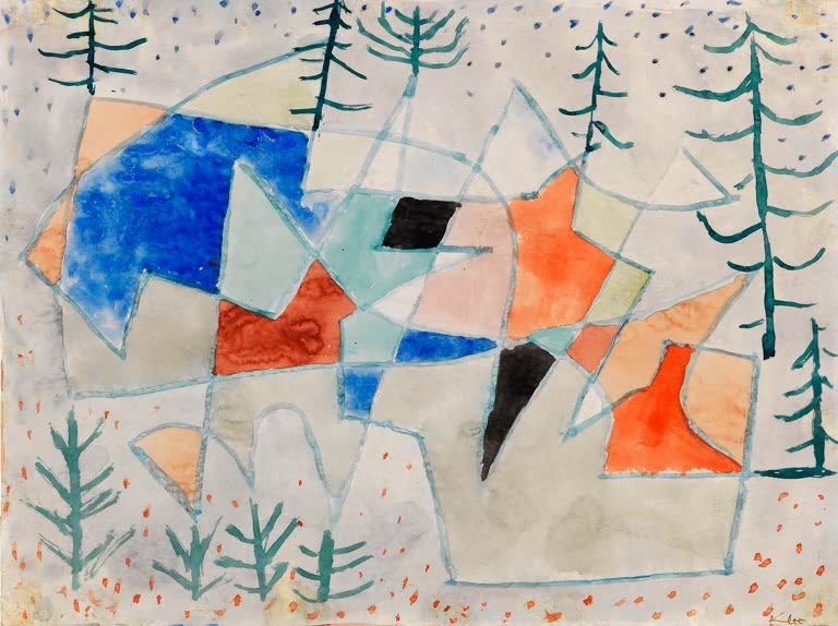 Bunte Farbflächen in Blau, Orange und Rot mit Tannen und Sternenpunkten – Paul Klee Edelklippe Kunstkopie