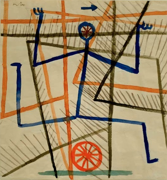 Blaue Strichfigur mit Rad im Kopf läuft durch Linien in Orange und Schwarz – Paul Klee Eile ohne Rücksicht Kunstkopie