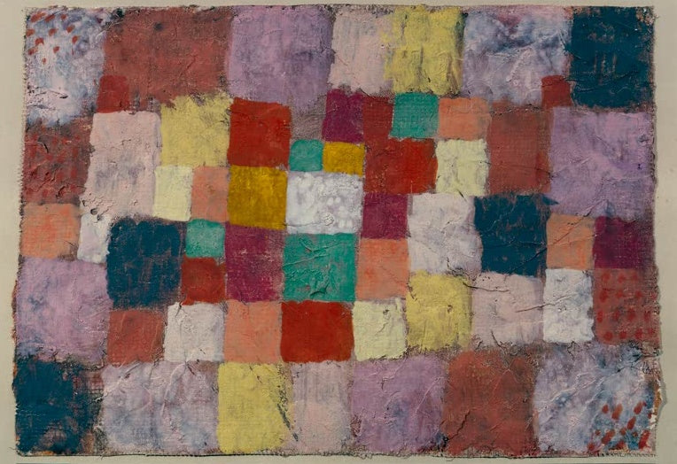 Mosaik aus Farbfeldern in Rot, Violett, Gelb und Türkis auf Jute – Paul Klee Ein Klang der nördlichen Flora Kunstkopie
