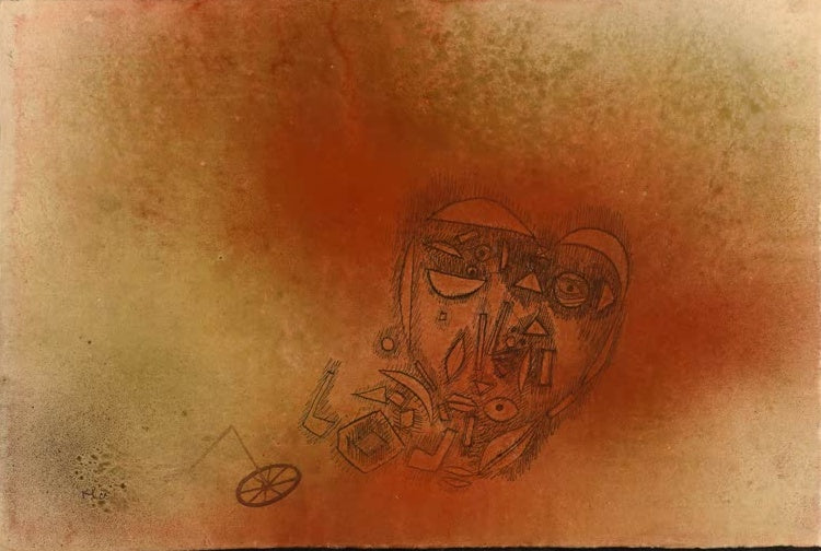 Zerbröckelndes Gesichtsphantom mit kleinem Rad auf rot-grünem Farbverlauf – Paul Klee Ein Phantom zerbröckelt Kunstkopie