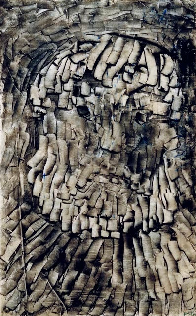 Streifig gestrichenes graues Gesicht mit Bart in dunklen Pinselzügen – Paul Klee Ein Tragigker (unter anderen) Kunstkopie