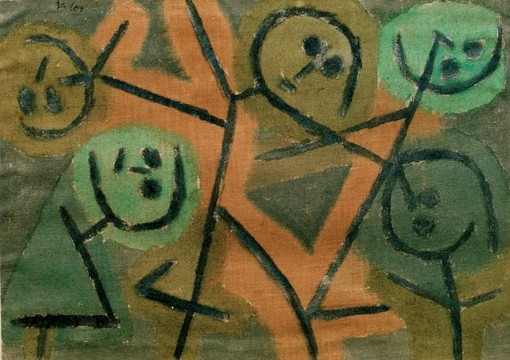 Fünf Gesichter mit schwarzen Konturen auf Grün, Ocker und Orange – Paul Klee Elfen Kunstkopie