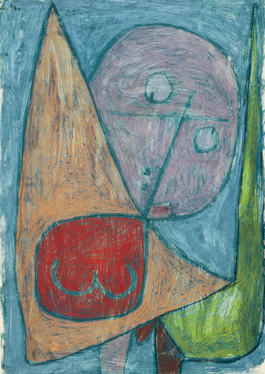 Eckige Engelsfigur mit lila Gesicht und roter Brust auf blauem Grund – Paul Klee Engel, noch weiblich Kunstkopie