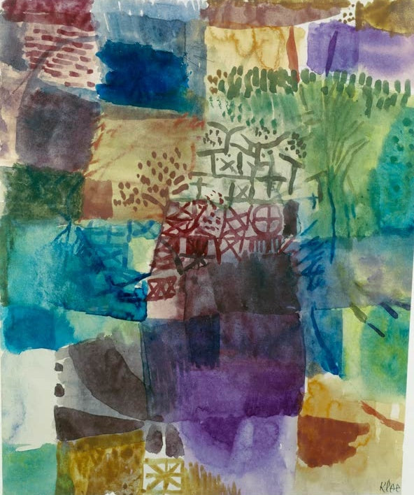 Mosaikartige Farbfelder in Blau, Violett, Grün und Ocker mit zarten Zeichen – Paul Klee Erinnerung an einen Garten Kunstkopie