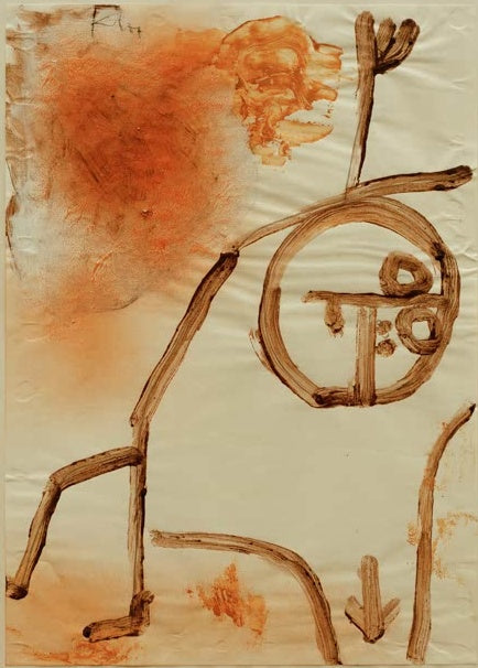 Strichfigur mit Kreisgesicht neben einem orangen Farbnebel auf hellem Papier – Paul Klee Es hat ihn Kunstkopie