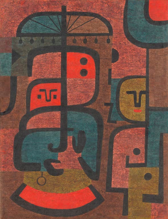 Stilisierte Gesichter unter einem Schirm in Rot, Blaugrün und Ocker – Paul Klee Exoten Kunstkopie