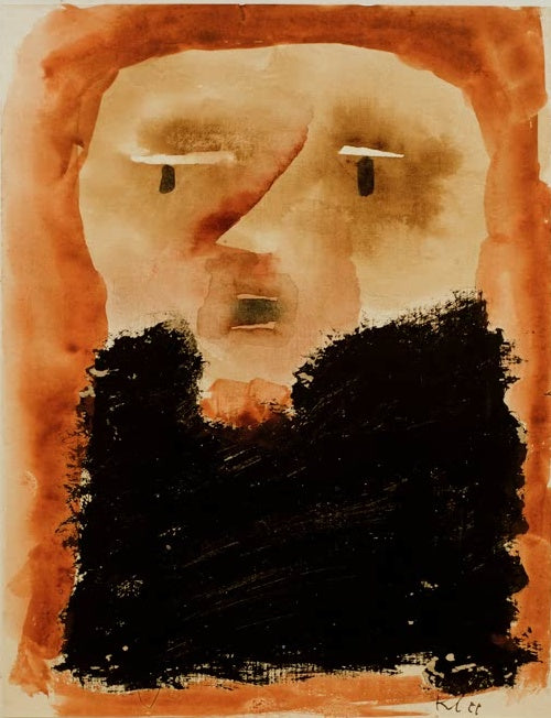 Streng blickendes Gesicht mit schwarzem Bart vor orangerotem Rahmen – Paul Klee Figurine für das groteske Theater Kunstkopie