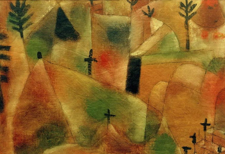 Hügelige Landschaft mit Kreuzen und Bäumen in Orange, Grün und Schwarz – Paul Klee Friedhof Kunstkopie