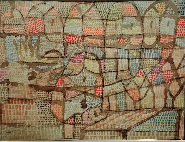 Gewölbte Bogenhäuser aus Tupfen und Rechtecken in Pastelltönen – Paul Klee Fruchtbares geregelt Kunstkopie