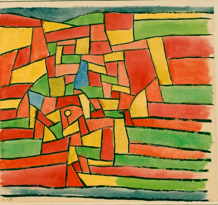 Kleinteilige Landschaft aus roten, gelben und grünen Feldern, dunkel umrandet – Paul Klee Garten am Bach Kunstkopie