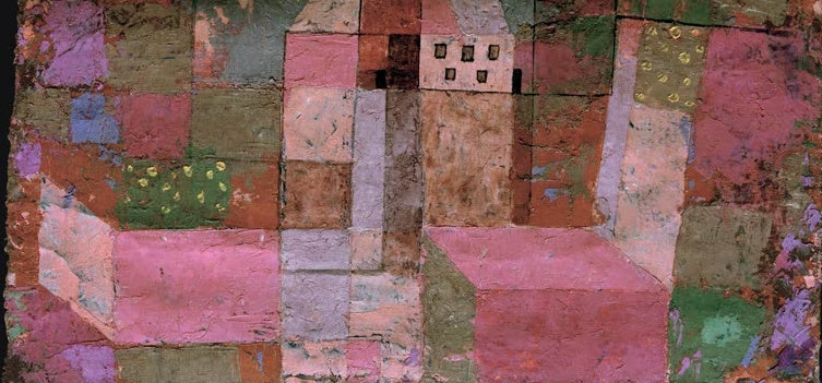 Rosa, violette und olivgrüne Flächen bilden Häuser und Gartenstücke – Paul Klee Gartenhaus Kunstkopie