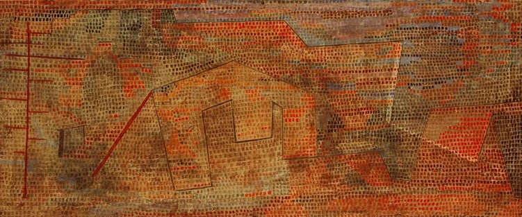 Paul Klee Gedämpfte Härten Kunstkopie, erdbraunes Rasterfeld mit rötlichen Flächen und dünnen Konturlinien