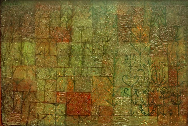 Gemüsegarten aus dicht gesetzten Pflanzen auf grün-rotem Rasterfeld – Paul Klee Gemüsegarten Kunstkopie