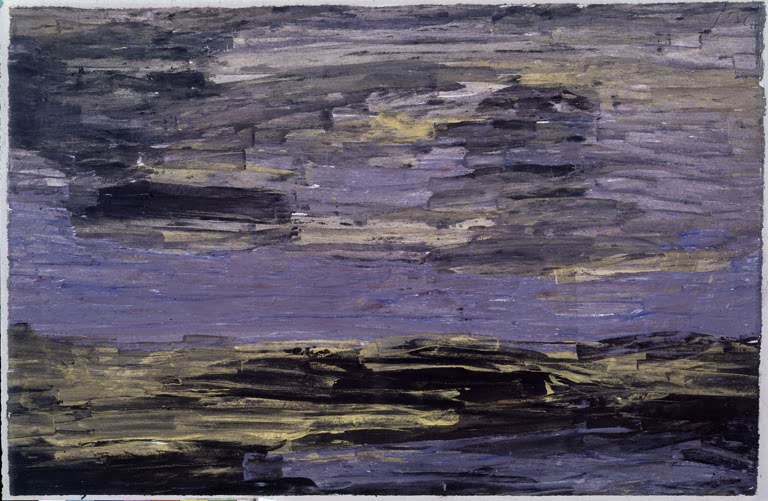 Violette und ockerfarbene Pinselstriche wie Wolken über dunklem Land – Paul Klee Gewitter über der Ebene Kunstkopie