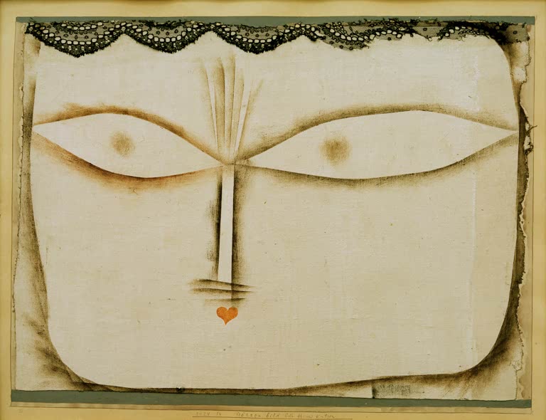 Helles Katzengesicht mit großen Augen, Herz und schwarzer Spitze – Paul Klee Götzenbild für Hauskatzen Kunstkopie