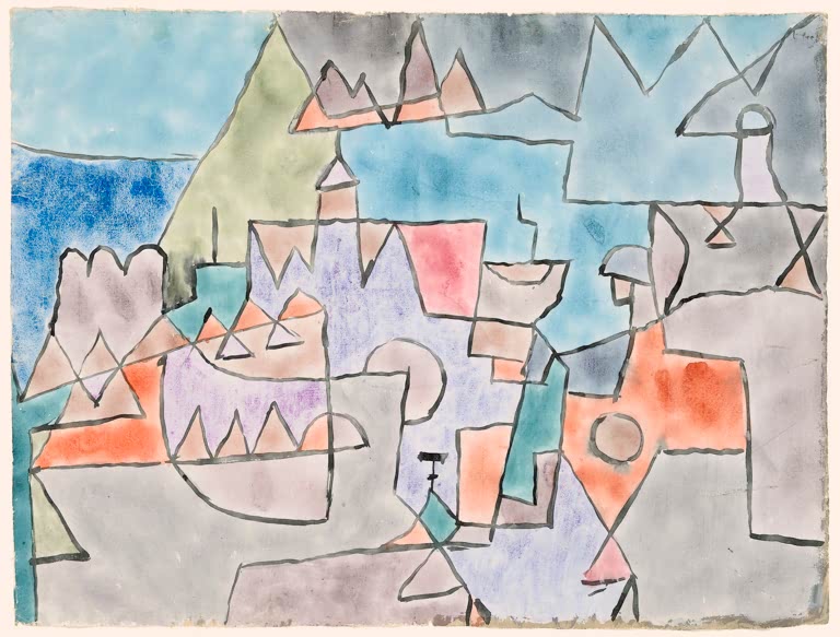 Bunte Hafenstadt mit Türmen, Booten und Dreiecken in Blau, Rosa und Violett – Paul Klee Großer Hafen Kunstkopie