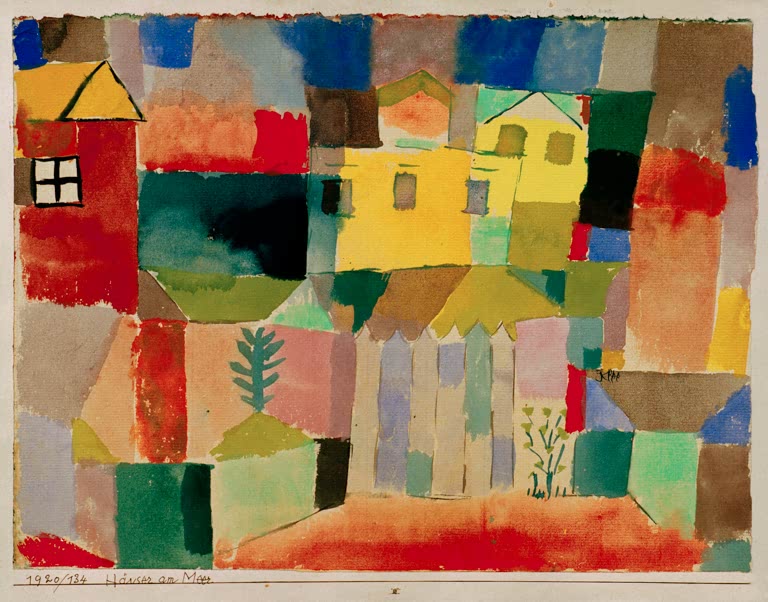 Bunte Häuser in Gelb, Rot und Grün mit Zaun und Bäumchen, in Aquarellfeldern – Paul Klee Häuser am Meer Kunstkopie