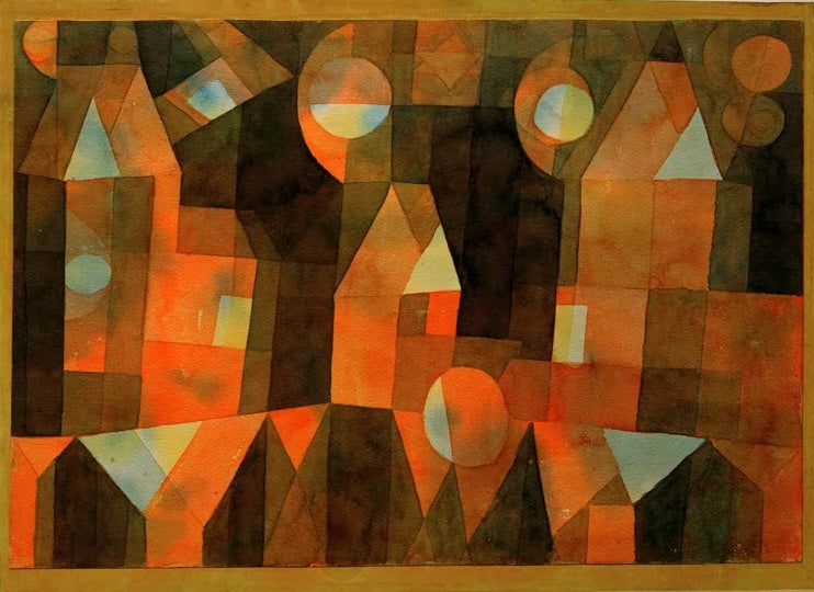 Orangerote und dunkle Häuser mit Türmen, Kreisen und Dreiecken – Paul Klee Häuser an der Brücke Kunstkopie