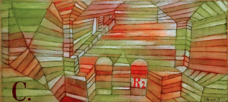 Gestufte Hallenarchitektur in Grün- und Rottönen mit Buchstaben C und R2 – Paul Klee Halle C Eingang R 2 Kunstkopie