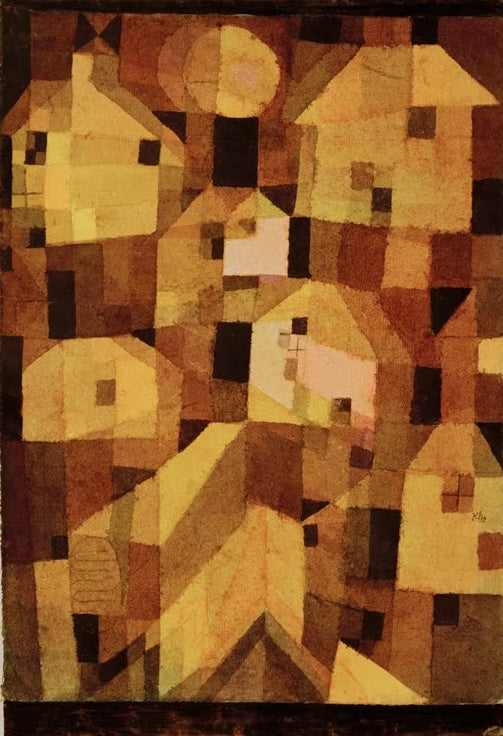 Ineinander gestaffelte Häuser in Ocker, Braun und Gelb – Paul Klee Herbstlicher Ort Kunstkopie