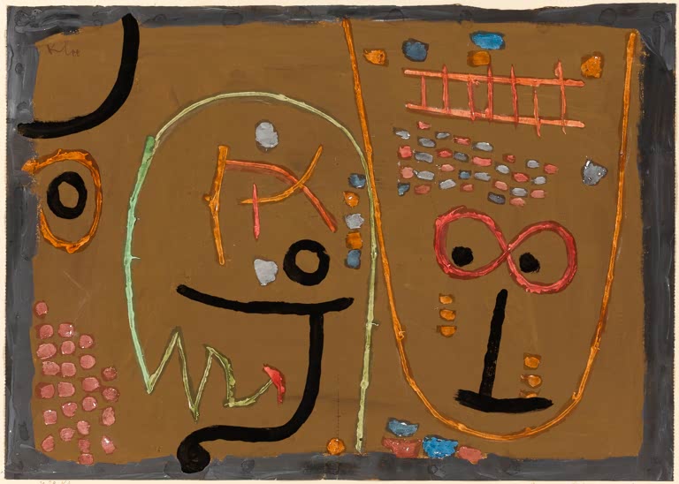 Zwei stilisierte Gesichter in Orange und Rosa auf braunem Grund – Paul Klee Herzog Leiter nicht allein Kunstkopie