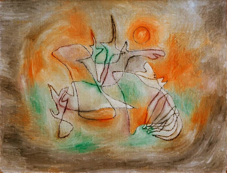 Heulender Hund als Linienwesen vor orangefarbener Sonne und grünem Grund – Paul Klee Heulender Hund Kunstkopie