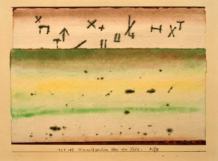 Himmelszeichen über Feldstreifen in Grün, Gelb und Rosa – Paul Klee Himmelszeichen über dem Feld Kunstkopie