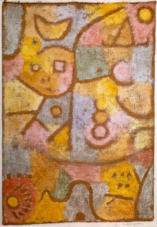 Bunte Flächen mit Gesicht, Sonne und Mond auf grobem Jutegewebe – Paul Klee Im Blumengarten Kunstkopie