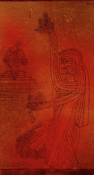 Verschleierte Gestalt mit Opferschalen vor rotem Grund im Tempel – Paul Klee Im Flora Tempel Kunstkopie