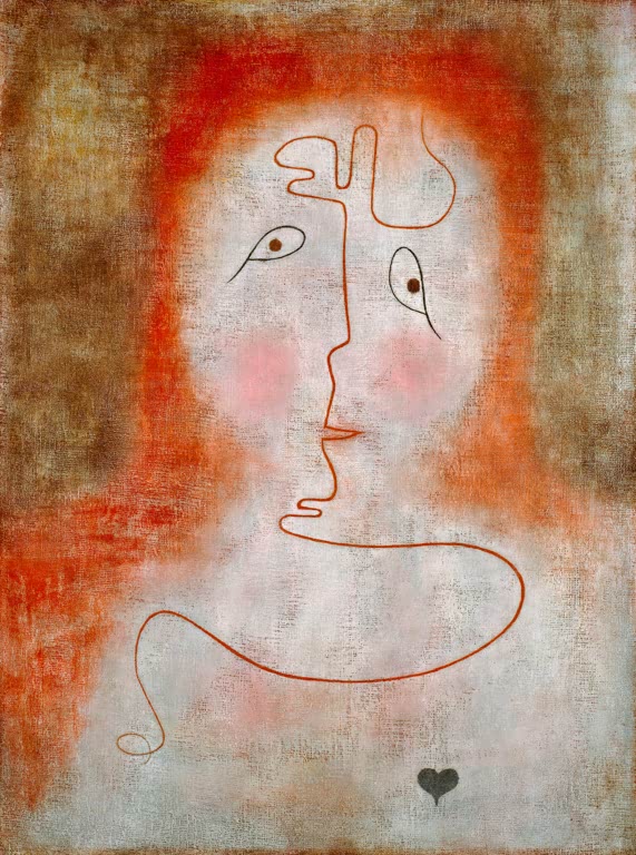 Linienhaftes Gesicht mit roten Wangen und kleinem Herz auf leuchtend orangem Grund – Paul Klee Im Zauberspiegel Kunstkopie