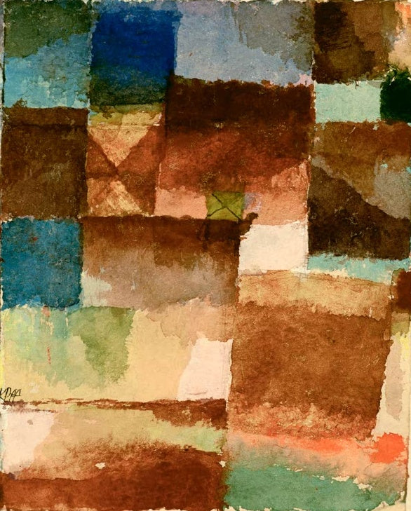 Aquarellierte Farbfelder in Braun, Blau und Grün wie eine Wüstenlandschaft – Paul Klee In der Einöde Kunstkopie