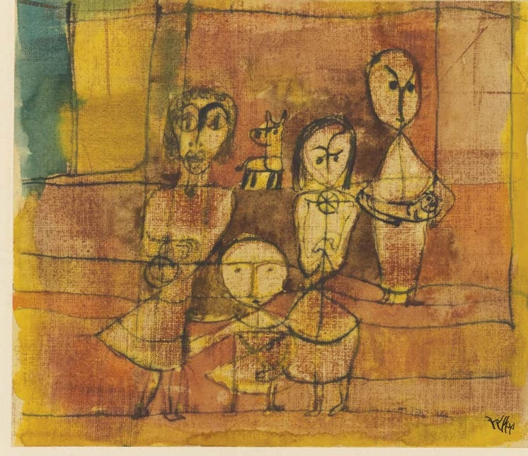 Vier Kinder und ein kleiner Hund vor orange-gelbem, getöntem Grund – Paul Klee Kinder und Hund Kunstkopie
