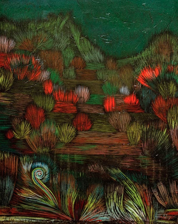 Dunkelgrüner Dünengrund mit roten und bunten Grasbüscheln und Schnecke – Paul Klee Kl. Dünenbild Kunstkopie