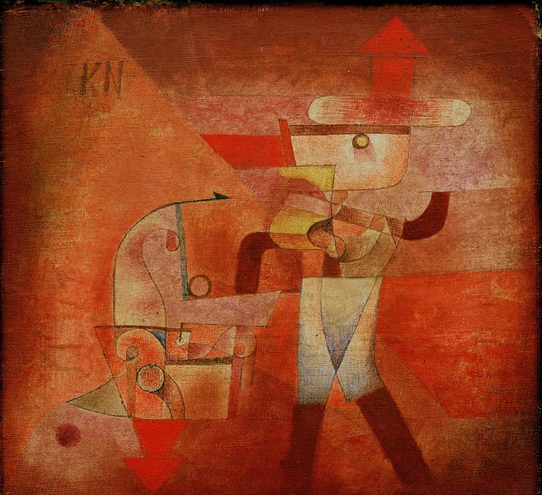 Rotbrauner Schmied mit Hut und Pfeilen neben einer Maschine, links die Buchstaben KN – Paul Klee KN der Schmied Kunstkopie