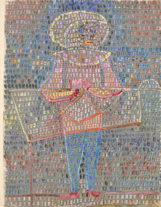 Paul Klee Knabe im Kostüm Kunstkopie, Figur im Festkleid aus bunten Farbtupfen auf grauem Mosaikgrund