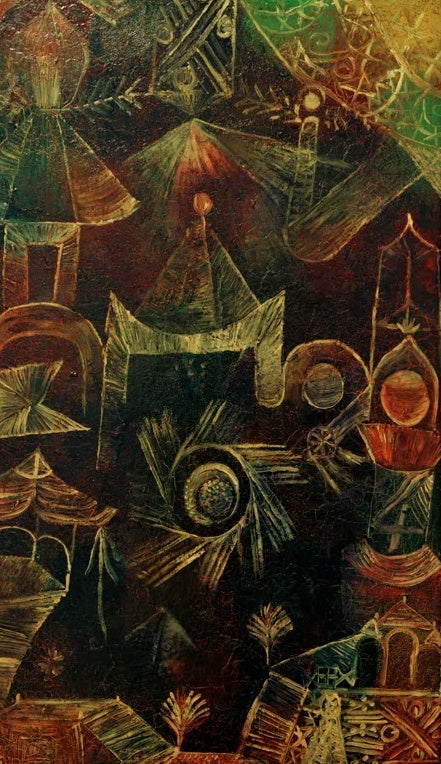 Dunkle Türme und Kuppeln mit hellen Kratzlinien in Gold und Grün – Paul Klee Kosmische Architectur Kunstkopie