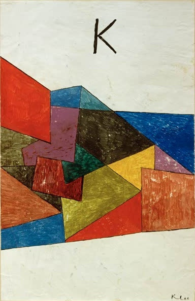 Bunte Dreiecke und Vierecke in Rot, Blau, Gelb und Grün unter einem K – Paul Klee Kraftwetter Kunstkopie