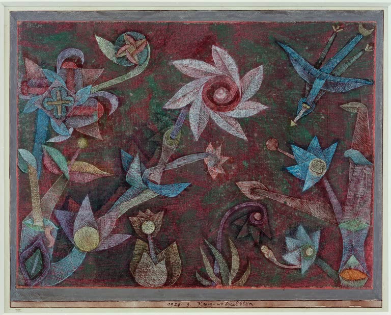 Kreuz- und Spiralblüten in Blau, Rosa und Weiß auf rotem Grund – Paul Klee Kreuz– und Spiralblüten Kunstkopie