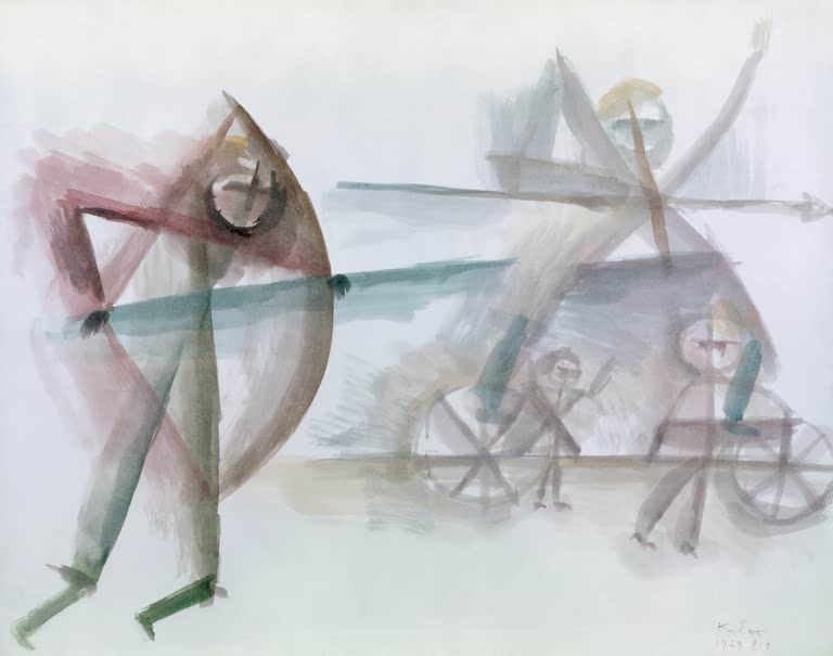 Zwei Kämpfer und Figuren auf Rädern in zarten Aquarelltönen – Paul Klee kriegerisch-sportlich Kunstkopie