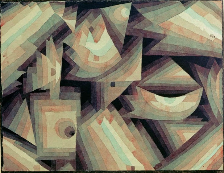 Gestufte Kristallformen in Grau, Violett und Mintgrün mit rundem Auge – Paul Klee Kristall-Stufung Kunstkopie