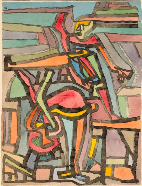 Farbig gerasterte Figur mit Hut in dicken schwarzen Konturen – Paul Klee Künstlerische Komödie Kunstkopie