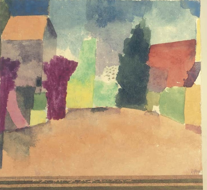Paul Klee Landgut bei Fryburg Kunstkopie, kubische Häuser und Bäume in Aquarellflächen über orangefarbenem Hügel