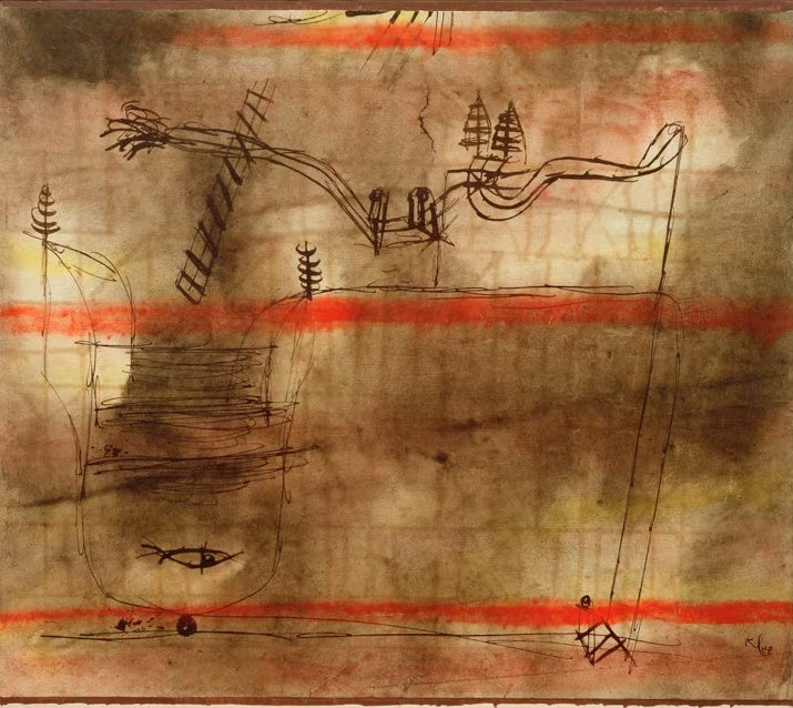 Feine Tuschelinien mit Windmühle und Bäumen auf braunem Grund mit roten Streifen – Paul Klee Landregen Kunstkopie