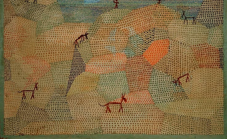 Hügelige Landschaft aus Punktflächen mit kleinen roten Eseln – Paul Klee Landschaft mit Eseln Kunstkopie