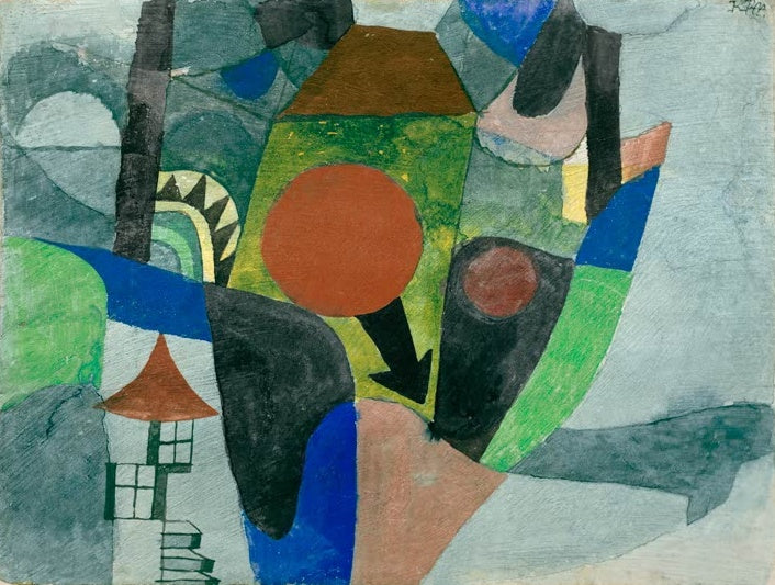 Abstrakte Landschaft in Grün, Blau und Grau mit rotem Sonnenball – Paul Klee Landschaft mit sinkender Sonne Kunstkopie