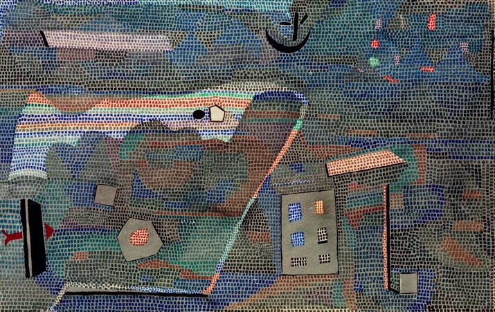 Dunkelblaue Küstenlandschaft mit Haus, Anker und Punktrastern – Paul Klee Landschaft UOL Kunstkopie