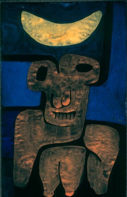 Gelbe Mondsichel über einer kupferbraunen Gesichtsfigur vor tiefblauem Grund – Paul Klee Luna der Barbaren Kunstkopie